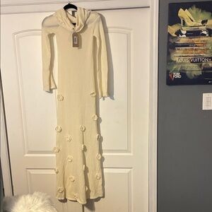 Fashion Nova Cream Long Sleeve Dress with Floral Accents